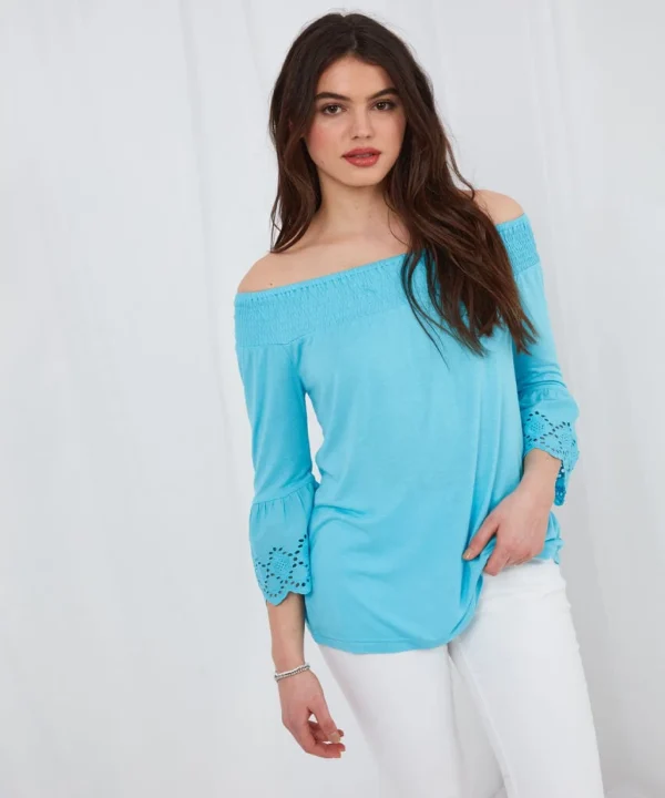 Sale Tops, Tunics & Blouses | Women's Joe Browns Bardot Broderie Top Aqua / Orange