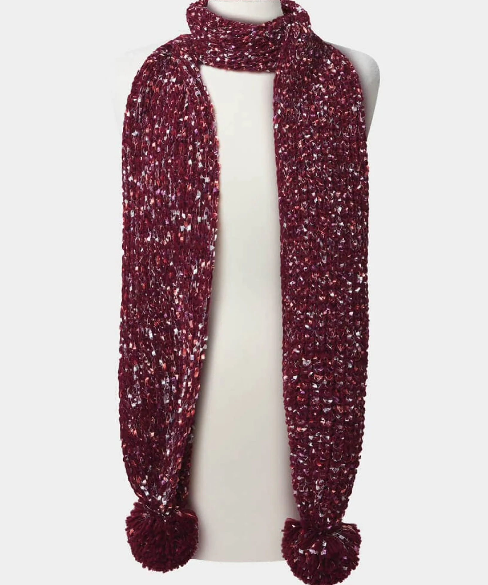 fantasia_tape_yarn_bobble_0.webp Accessories & Jewellery | Women's Joe Browns Fantasia Tape Yarn Bobble Scarf Wine Multi
