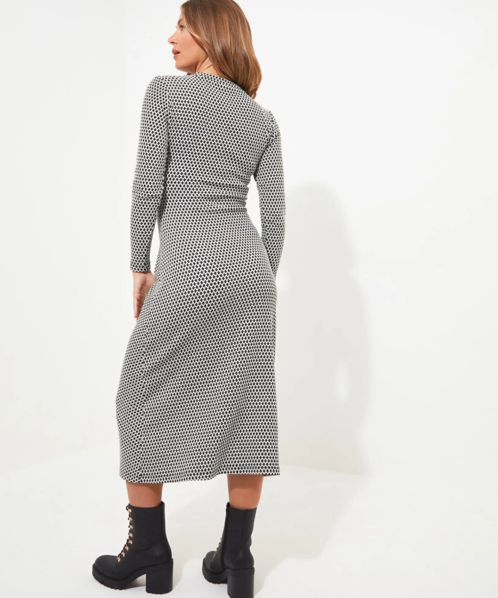 geo_jacquard_ruched_side__3.webp Shop Women's Collection | Midi Dresses | Dresses | Sale Dresses | Top Picks | Top Picks | Women's | Women's Joe Browns Geo Jacquard Ruched Side Jersey Dress Black/White