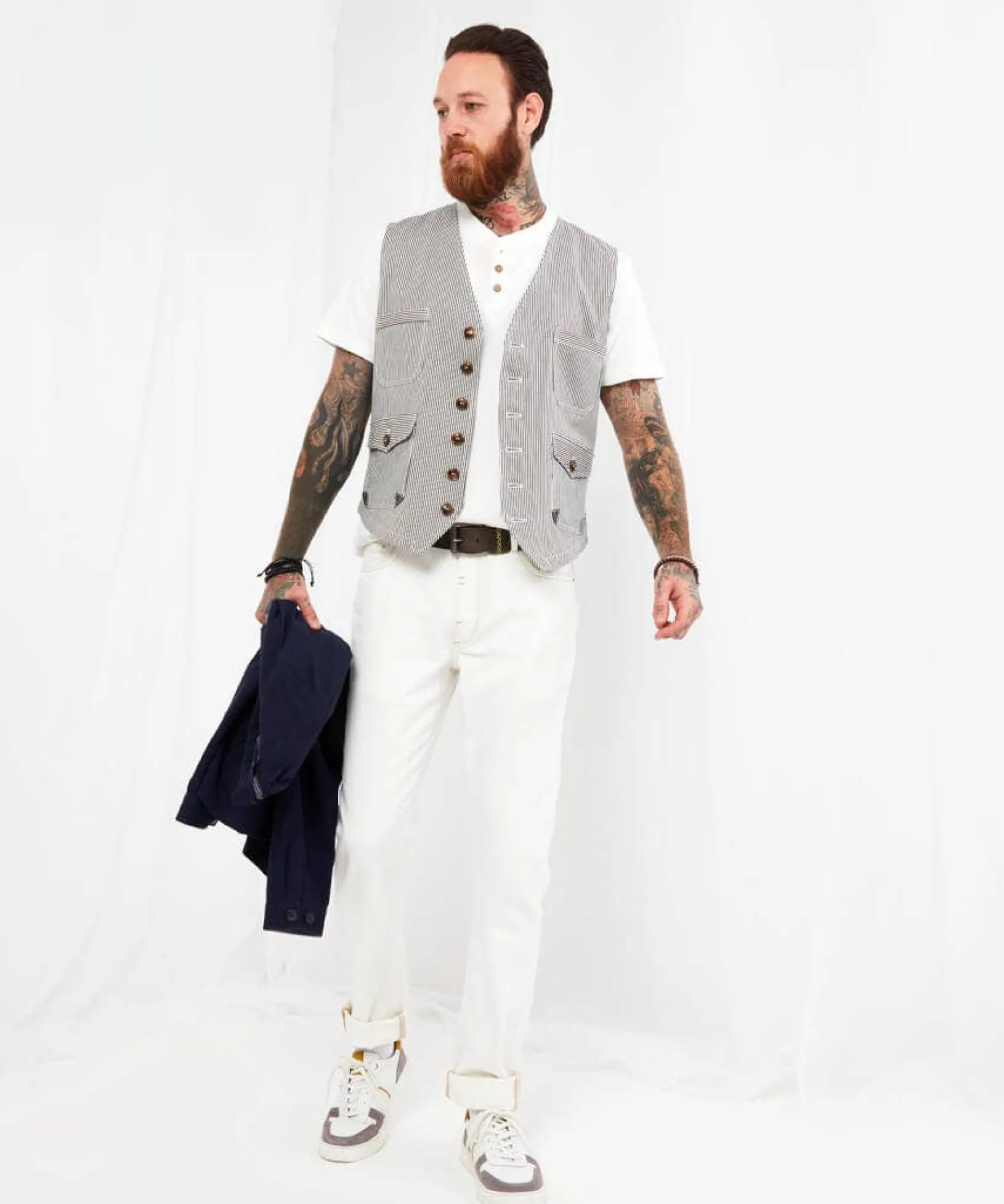 terrific_tick_stripe_wais_2.webp Sale Waistcoats | Sale Coats & Jacket | Men,s | Men,s Joe Browns Terrific Tick Stripe Waistcoat Blue/White
