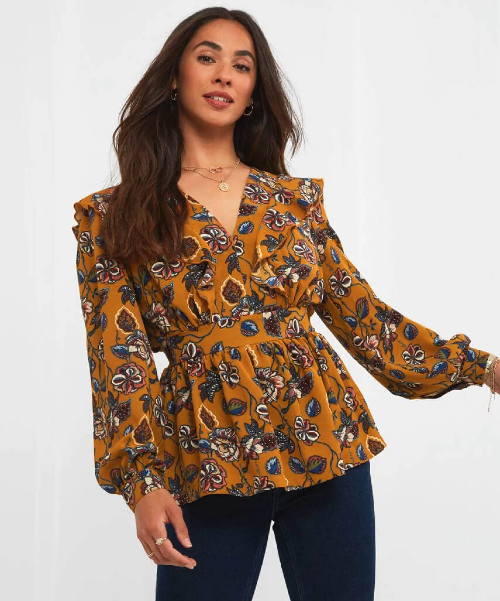 wonderful_floral_frill_to_0.webp Sale Tops, Tunics & Blouses | Women's Joe Browns Wonderful Floral Frill Top Ochre