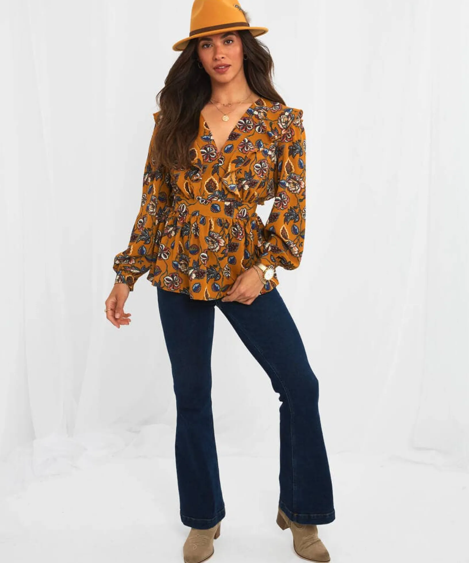 wonderful_floral_frill_to_2.webp Sale Tops, Tunics & Blouses | Women's Joe Browns Wonderful Floral Frill Top Ochre