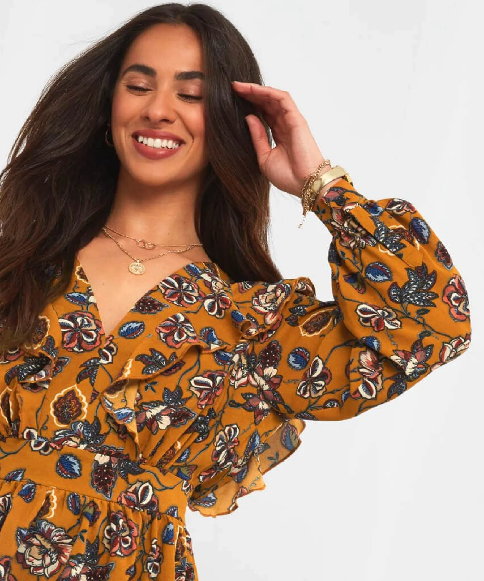 wonderful_floral_frill_to_4.webp Sale Tops, Tunics & Blouses | Women's Joe Browns Wonderful Floral Frill Top Ochre